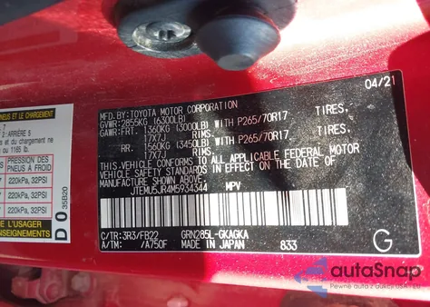 2021 Toyota 4Runner Sr5 from USA, damaged, VIN JTEMU5JR4M5934344